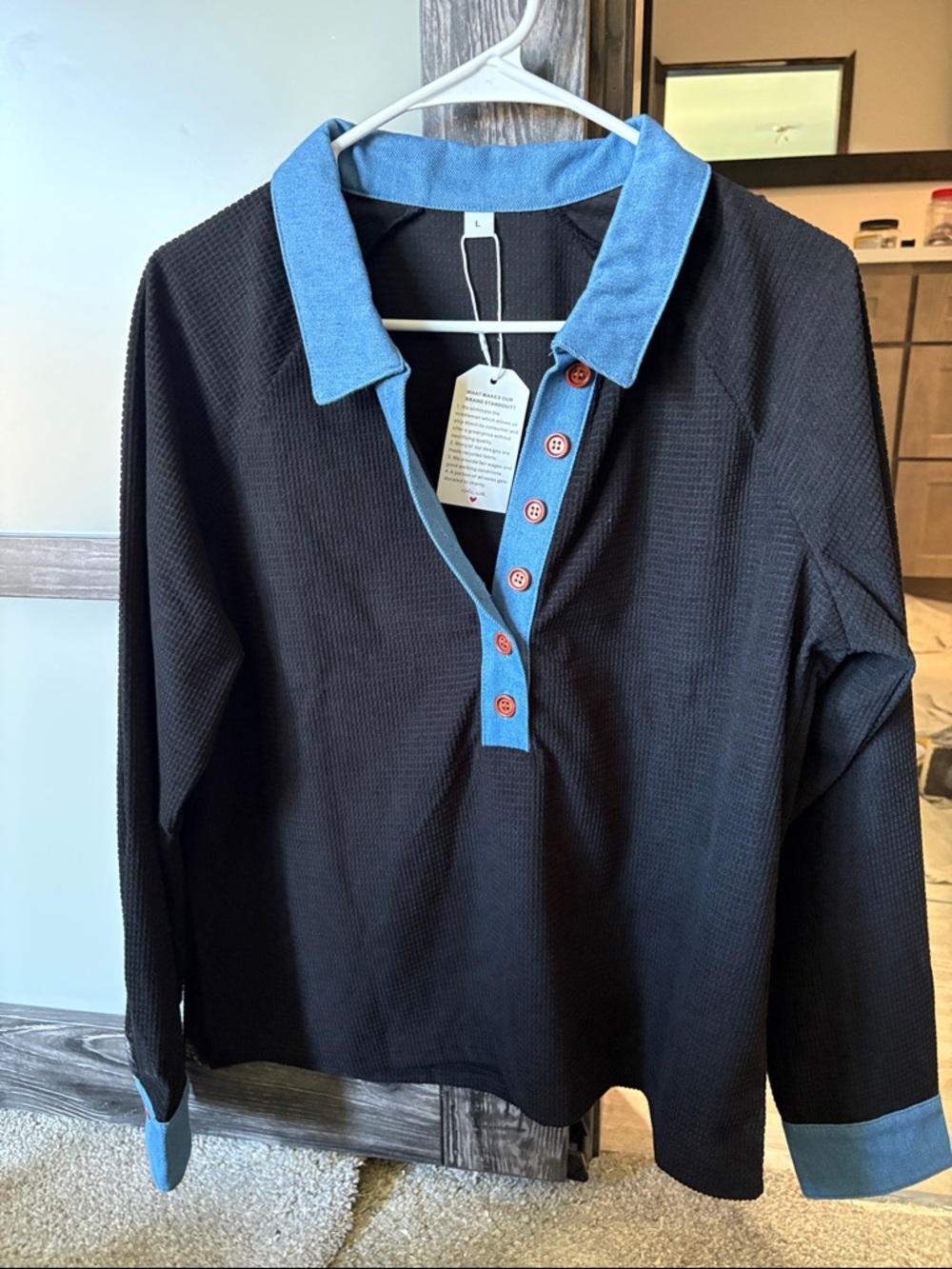 Black Long Sleeve Pullover with Light Blue Collar and Cuffs